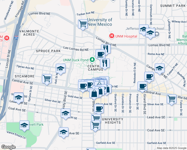 map of restaurants, bars, coffee shops, grocery stores, and more near 401 Yale Boulevard Northeast in Albuquerque