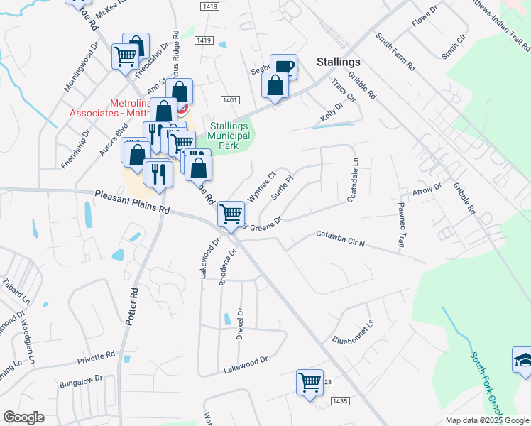 map of restaurants, bars, coffee shops, grocery stores, and more near 4013 Suttle Place in Matthews