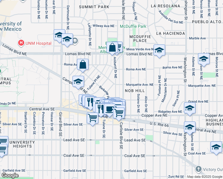 map of restaurants, bars, coffee shops, grocery stores, and more near 3411 Purdue Place Northeast in Albuquerque