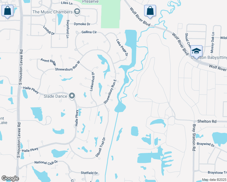 map of restaurants, bars, coffee shops, grocery stores, and more near 2400 Shrewsbury Run East in Collierville