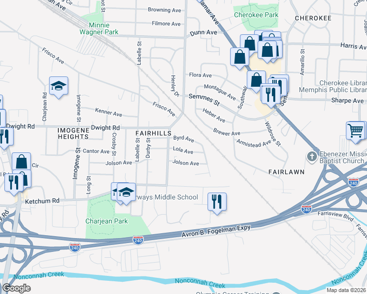 map of restaurants, bars, coffee shops, grocery stores, and more near 2783 Byrd Avenue in Memphis