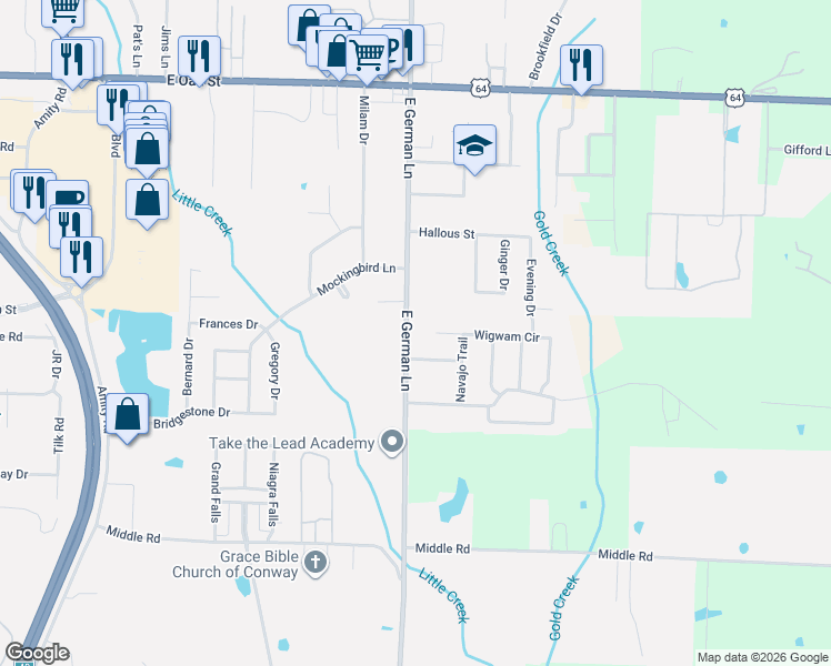 map of restaurants, bars, coffee shops, grocery stores, and more near 430 East German Lane in Conway