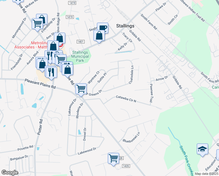 map of restaurants, bars, coffee shops, grocery stores, and more near 6001 Heison Court in Matthews