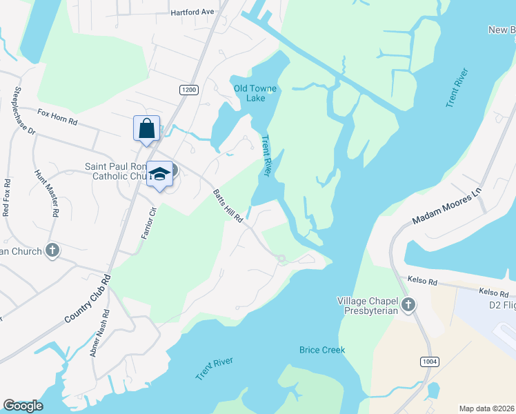 map of restaurants, bars, coffee shops, grocery stores, and more near 2414 Turtle Bay Drive in New Bern