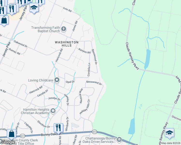 map of restaurants, bars, coffee shops, grocery stores, and more near 5604 Weigelia Drive in Chattanooga