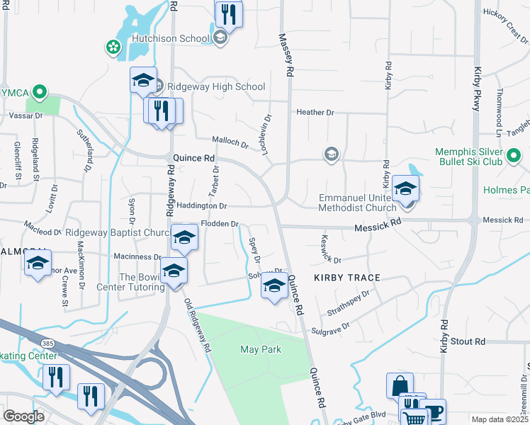 map of restaurants, bars, coffee shops, grocery stores, and more near 6237 Haddington Drive in Memphis