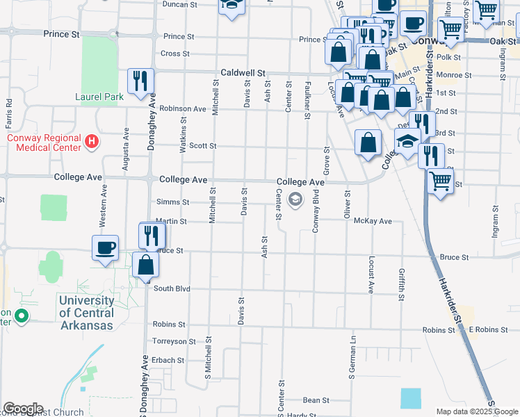 map of restaurants, bars, coffee shops, grocery stores, and more near 403 Center Street in Conway