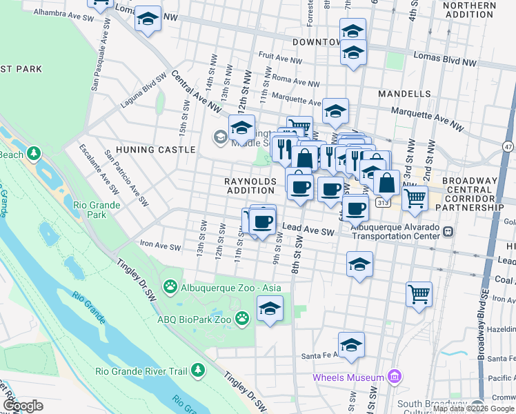 map of restaurants, bars, coffee shops, grocery stores, and more near 1018 Silver Avenue Southwest in Albuquerque