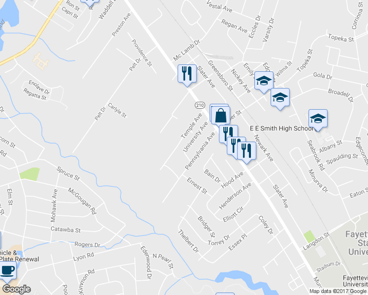map of restaurants, bars, coffee shops, grocery stores, and more near 218 University Avenue in Fayetteville