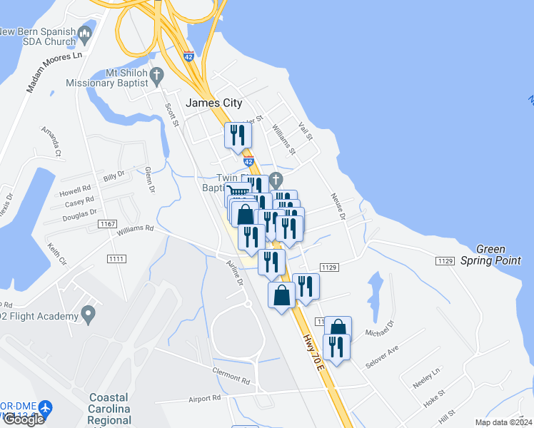 map of restaurants, bars, coffee shops, grocery stores, and more near 941 U.S. 70 in New Bern