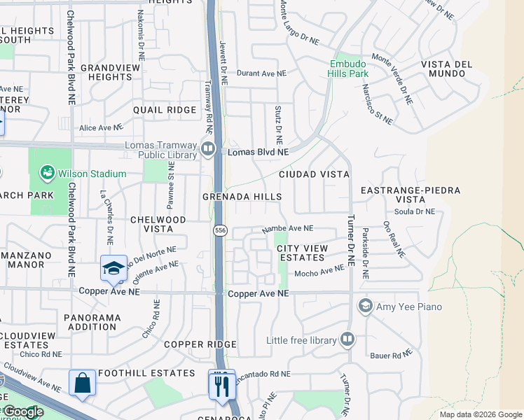 map of restaurants, bars, coffee shops, grocery stores, and more near 1116 Hupmobile Drive Northeast in Albuquerque