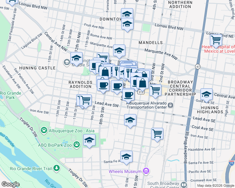map of restaurants, bars, coffee shops, grocery stores, and more near in Albuquerque