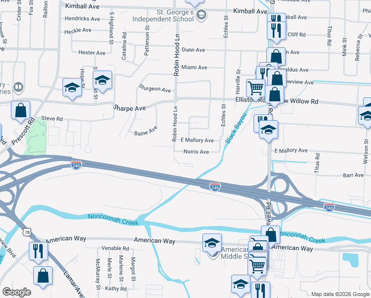 map of restaurants, bars, coffee shops, grocery stores, and more near 3718 Norris Avenue in Memphis