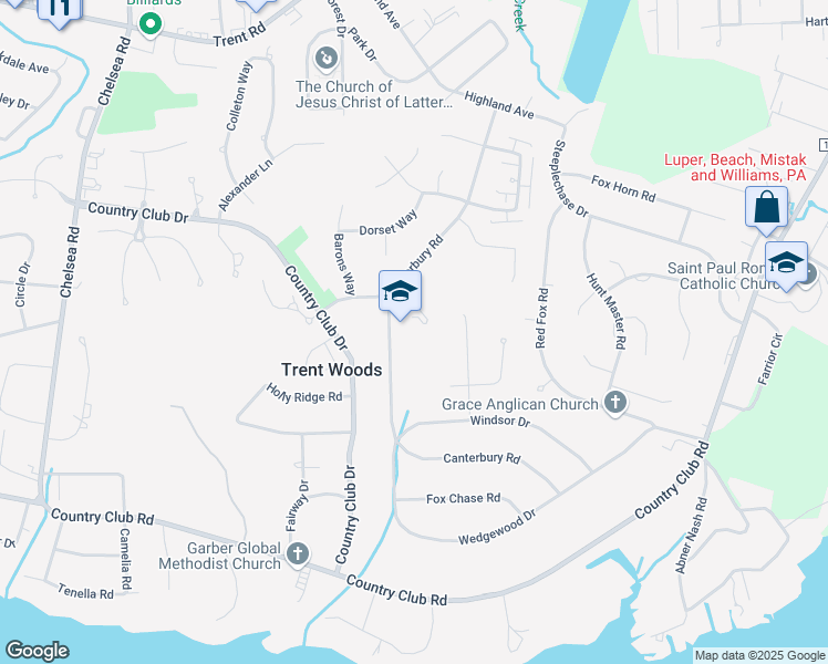 map of restaurants, bars, coffee shops, grocery stores, and more near 3712 Canterbury Road in New Bern
