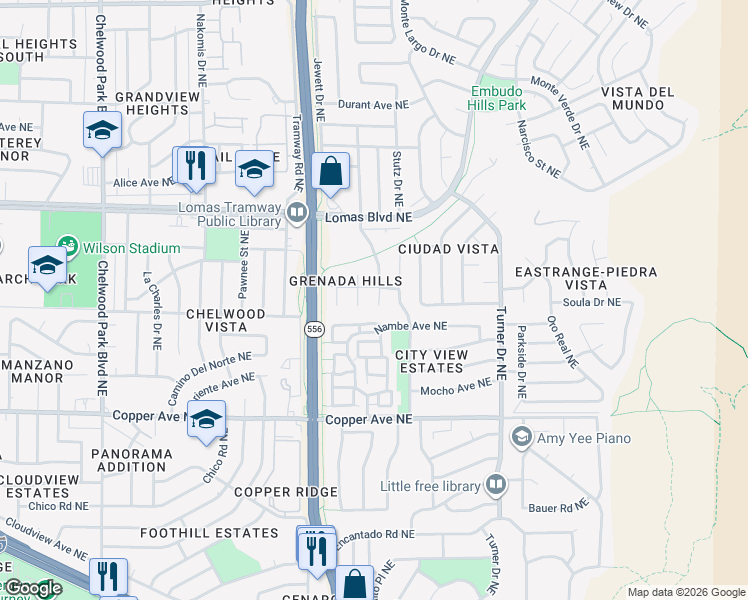map of restaurants, bars, coffee shops, grocery stores, and more near 1116 Hupmobile Drive Northeast in Albuquerque