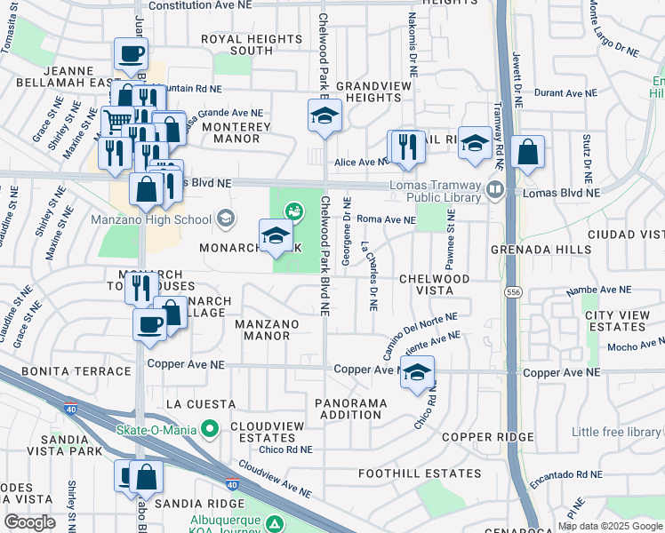 map of restaurants, bars, coffee shops, grocery stores, and more near 808 Chelwood Park Boulevard Northeast in Albuquerque