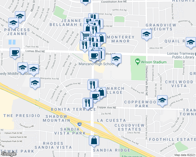 map of restaurants, bars, coffee shops, grocery stores, and more near 770 Juan Tabo Boulevard Northeast in Albuquerque