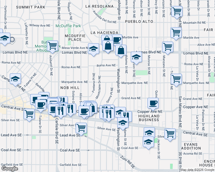 map of restaurants, bars, coffee shops, grocery stores, and more near 4212 Marquette Avenue Northeast in Albuquerque