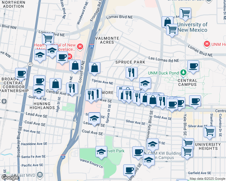 map of restaurants, bars, coffee shops, grocery stores, and more near 206 Spruce Street Northeast in Albuquerque