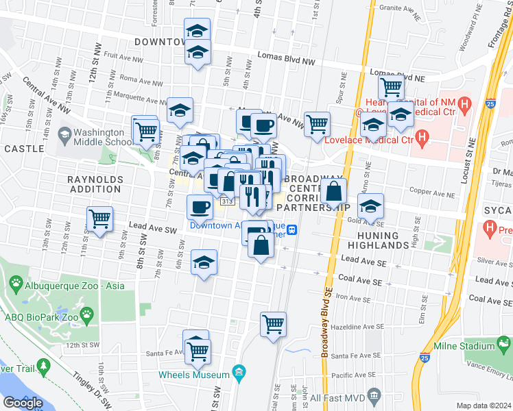 map of restaurants, bars, coffee shops, grocery stores, and more near 211 Gold Avenue Southwest in Albuquerque