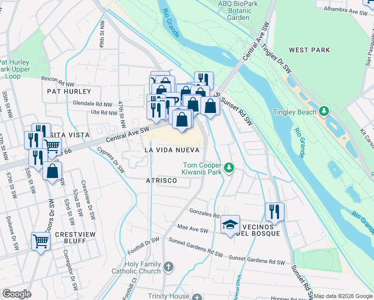 map of restaurants, bars, coffee shops, grocery stores, and more near 3116 Draxton Avenue Southwest in Albuquerque