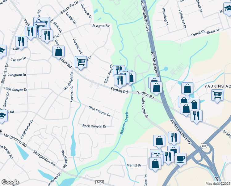 map of restaurants, bars, coffee shops, grocery stores, and more near 5111 Yadkin Road in Fayetteville