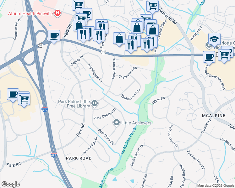 map of restaurants, bars, coffee shops, grocery stores, and more near 10908 Flat Iron Road in Charlotte