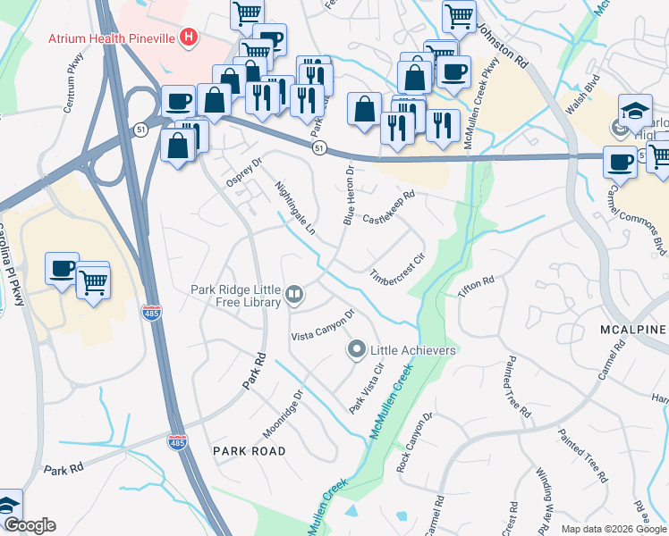 map of restaurants, bars, coffee shops, grocery stores, and more near 11016 Blue Heron Drive in Charlotte