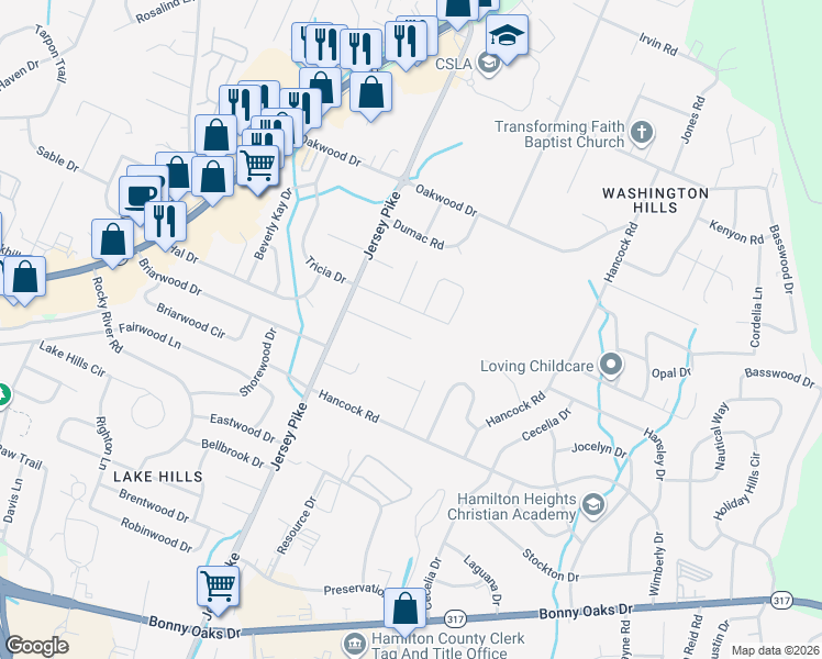 map of restaurants, bars, coffee shops, grocery stores, and more near 4530 Tricia Drive in Chattanooga