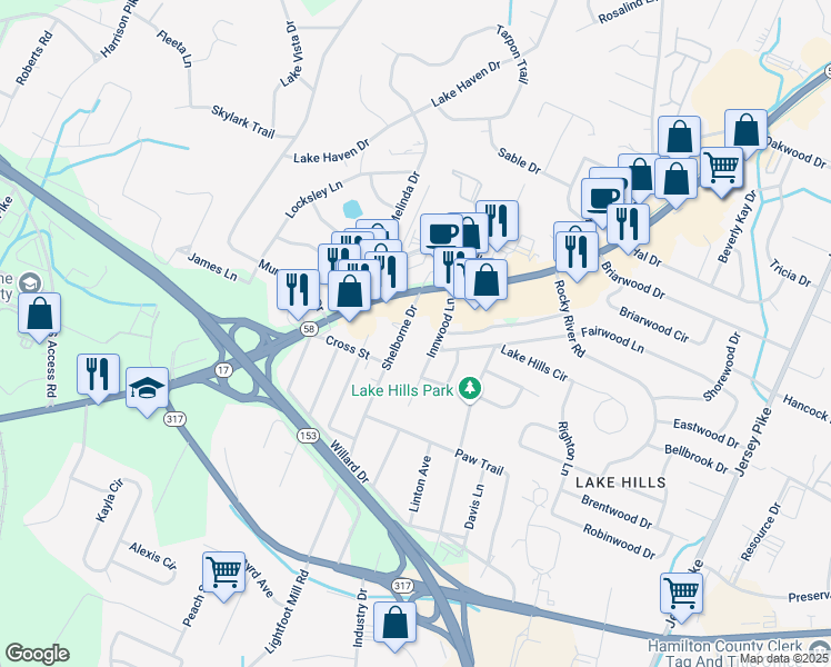 map of restaurants, bars, coffee shops, grocery stores, and more near 4408 Shelborne Drive in Chattanooga