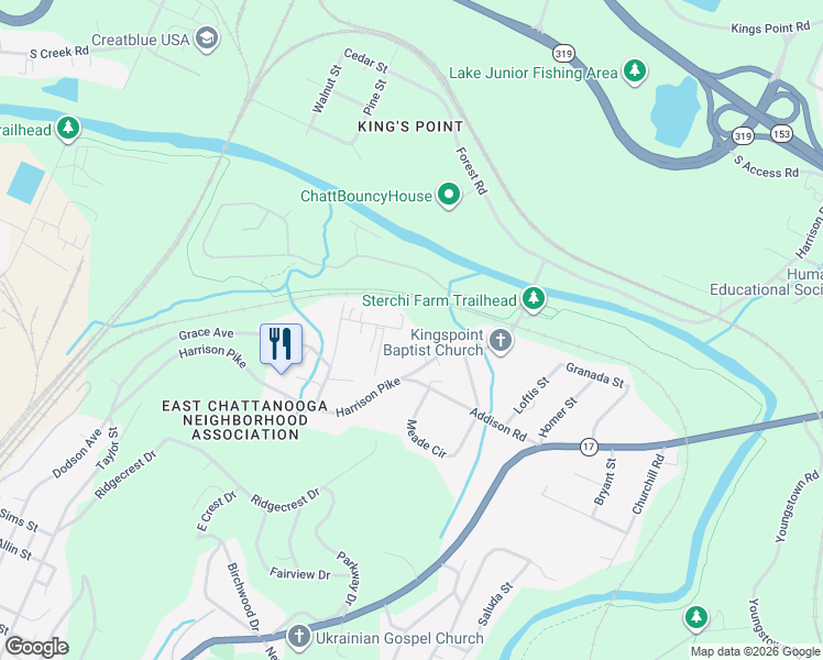map of restaurants, bars, coffee shops, grocery stores, and more near 2721 Harrison Pike in Chattanooga