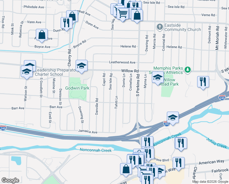 map of restaurants, bars, coffee shops, grocery stores, and more near 1762 Tahiti Lane in Memphis