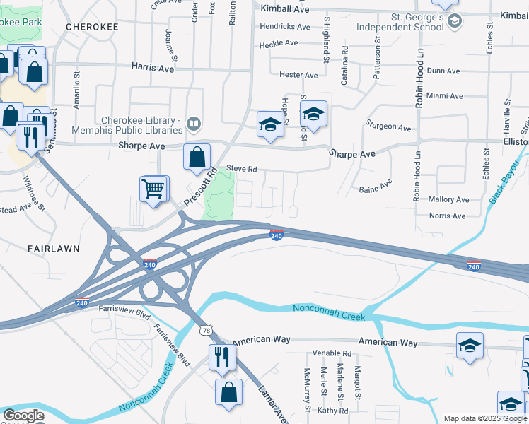 map of restaurants, bars, coffee shops, grocery stores, and more near 1745 Morlye Street in Memphis