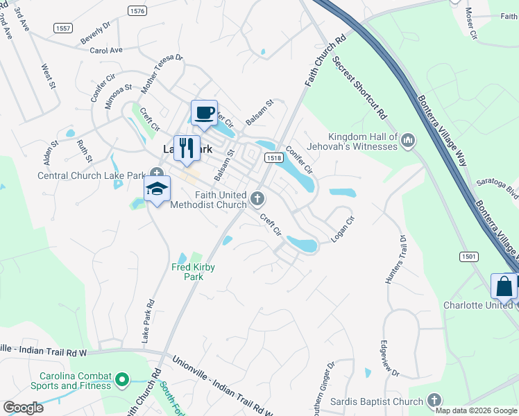 map of restaurants, bars, coffee shops, grocery stores, and more near 3708 Faith Church Road in Indian Trail