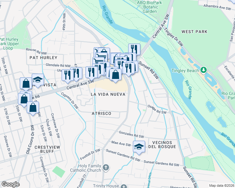 map of restaurants, bars, coffee shops, grocery stores, and more near 3116 Draxton Avenue Southwest in Albuquerque