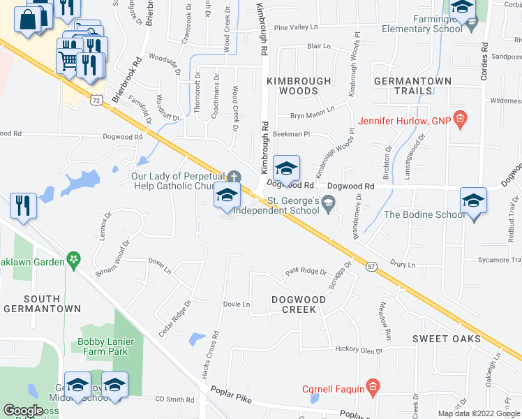 map of restaurants, bars, coffee shops, grocery stores, and more near 8175 Tennessee 57 in Germantown