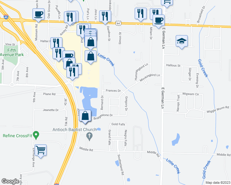 map of restaurants, bars, coffee shops, grocery stores, and more near 40 Francis Drive in Conway