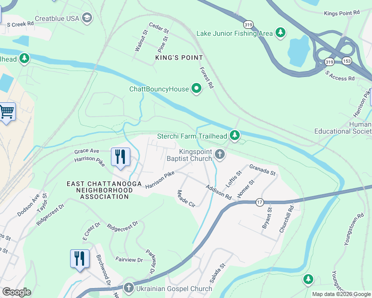 map of restaurants, bars, coffee shops, grocery stores, and more near 2721 Harrison Pike in Chattanooga