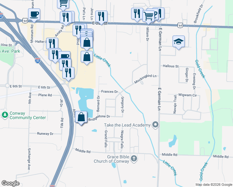 map of restaurants, bars, coffee shops, grocery stores, and more near 44 Frances Drive in Conway