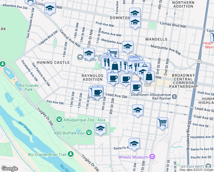 map of restaurants, bars, coffee shops, grocery stores, and more near 300 9th Street Southwest in Albuquerque