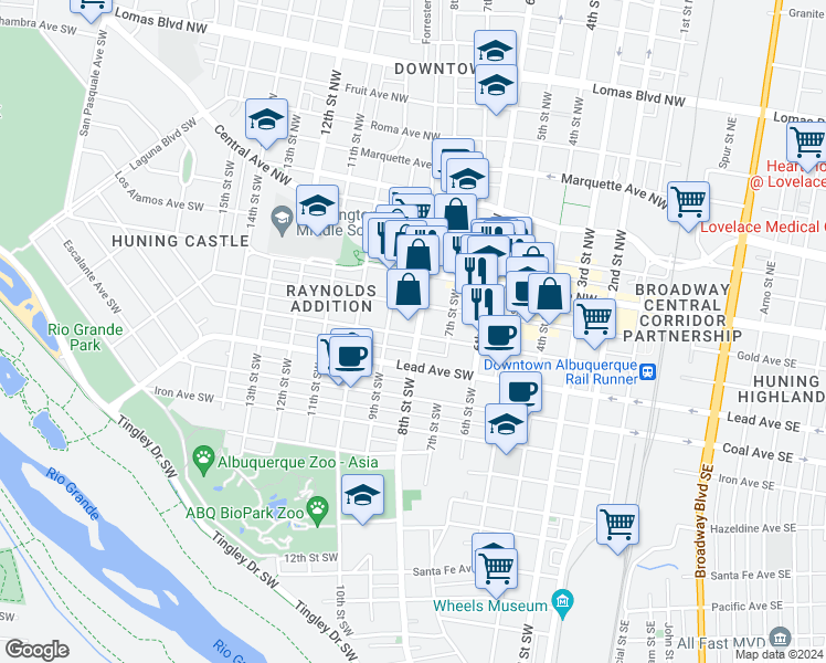map of restaurants, bars, coffee shops, grocery stores, and more near 817 Silver Avenue Southwest in Albuquerque