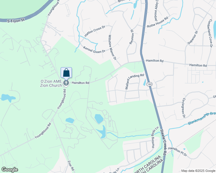map of restaurants, bars, coffee shops, grocery stores, and more near 13611 Hamilton Road in Charlotte