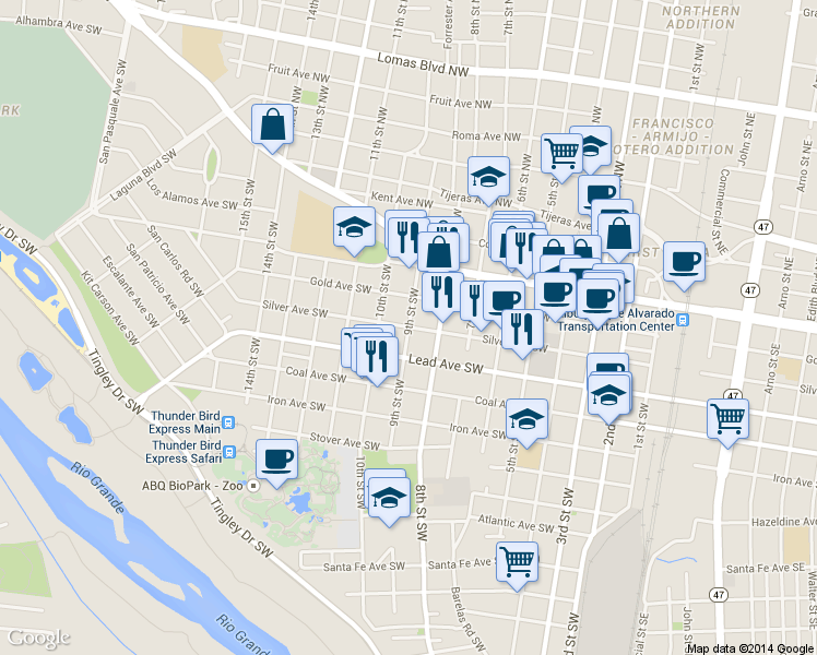 map of restaurants, bars, coffee shops, grocery stores, and more near Silver Ave SW & 9th St SW in Albuquerque