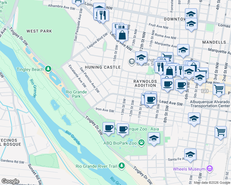 map of restaurants, bars, coffee shops, grocery stores, and more near 510 14th Street Southwest in Albuquerque