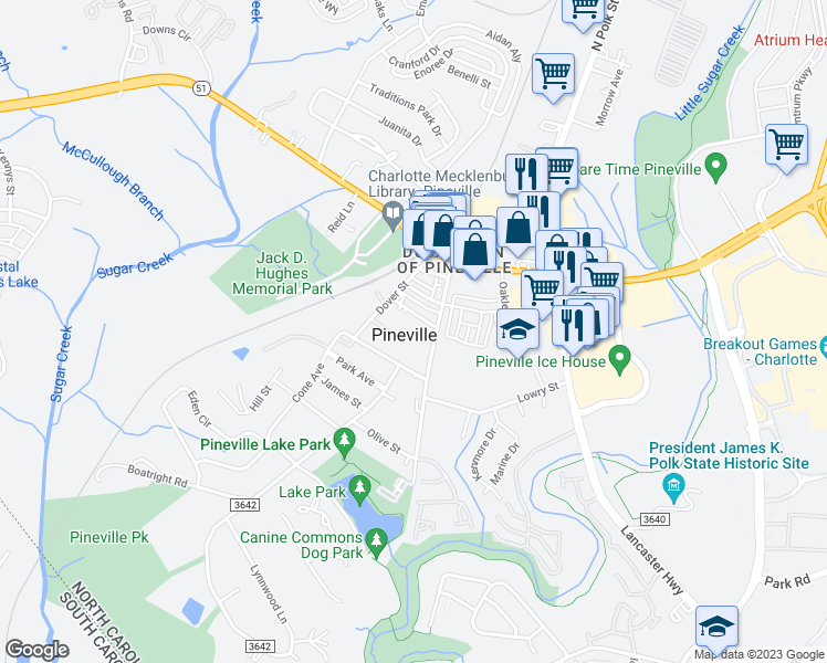 map of restaurants, bars, coffee shops, grocery stores, and more near in Pineville