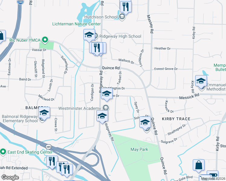 map of restaurants, bars, coffee shops, grocery stores, and more near 6159 Haddington Drive in Memphis