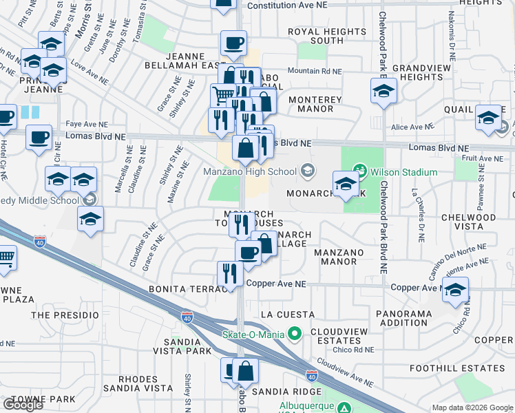 map of restaurants, bars, coffee shops, grocery stores, and more near 760 Juan Tabo Boulevard Northeast in Albuquerque
