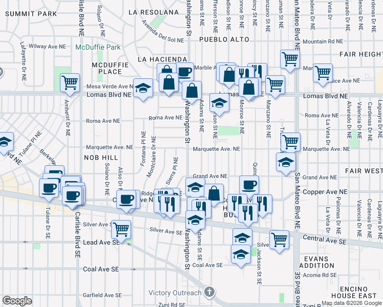 map of restaurants, bars, coffee shops, grocery stores, and more near 342 Washington Street Northeast in Albuquerque