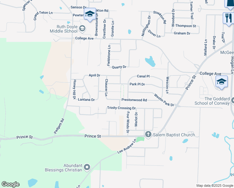 map of restaurants, bars, coffee shops, grocery stores, and more near 5115 Galleria Cove in Conway