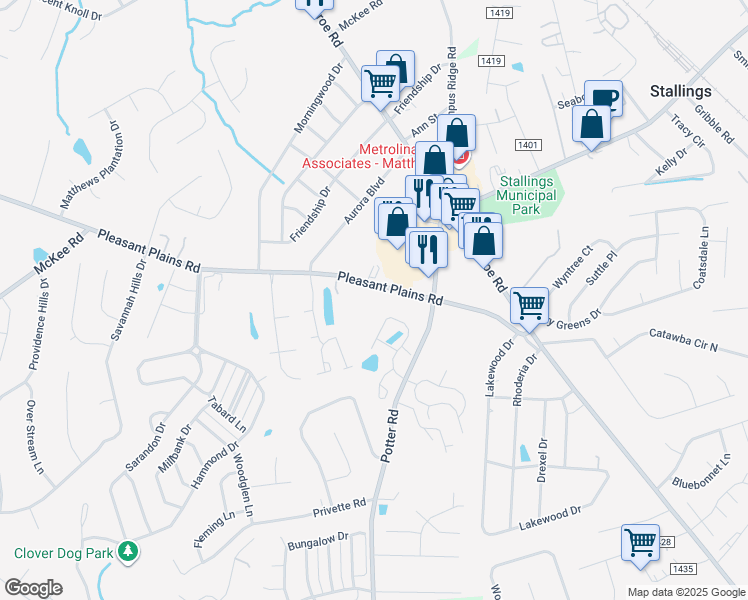 map of restaurants, bars, coffee shops, grocery stores, and more near 3732 Pleasant Plains Road in Matthews